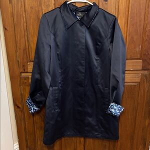 Dennis by Dennis Basso Navy Blue Reversible Satin Coat Leopard Print Pattern S